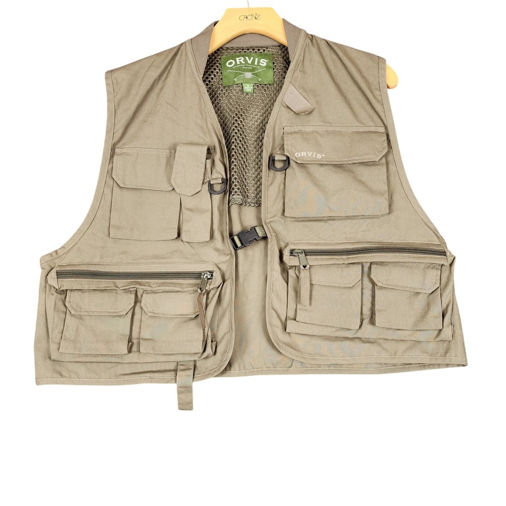 Orvis Mens Fly Fishing Vest Khaki Tan Mesh Back Multi-Pocket Utility Size S